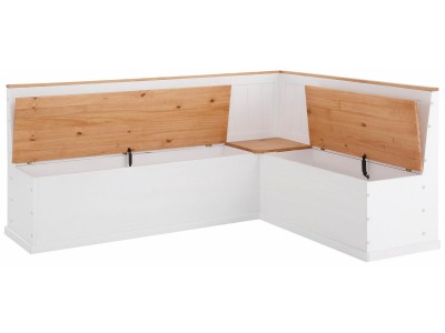 banco de canto alemão de madeira com baú e mesa em branco e cera natural com toque acetinado 200 x 160cm